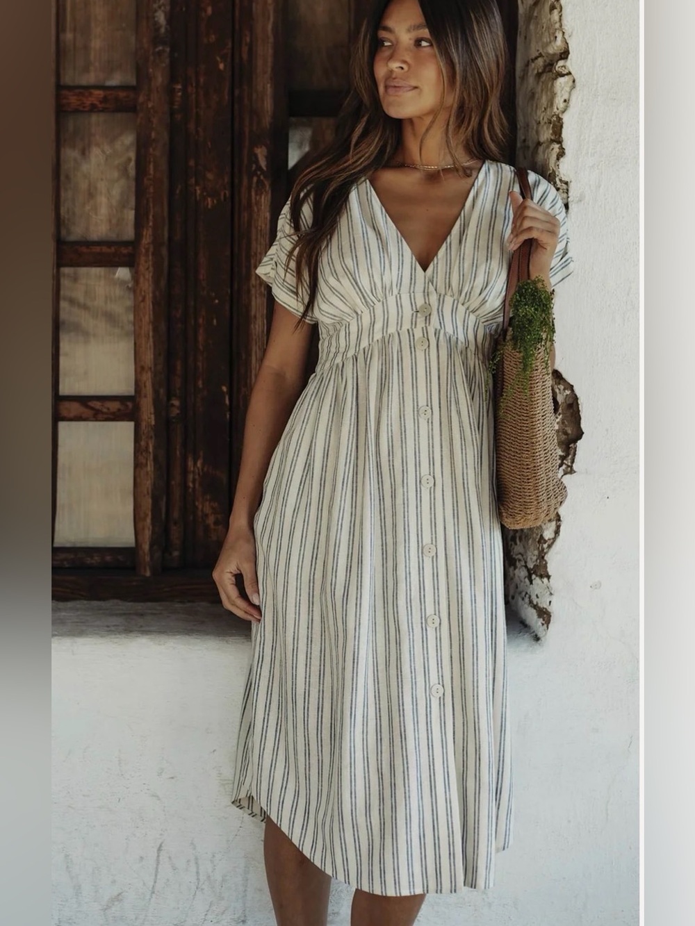 The Normal Brand Freshwater Deep V Button Thru Dress in Vintage Blue Stripe LRG